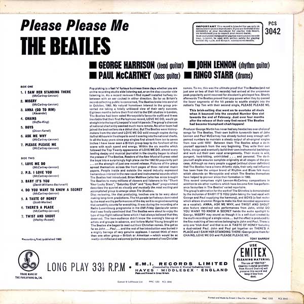 Please Please Me, Back cover, stereo vinyl